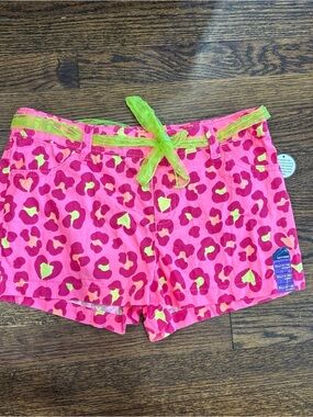 Basic Editions Girls Pink Leopard Print Shorts with Neon Green Tie size 14/16